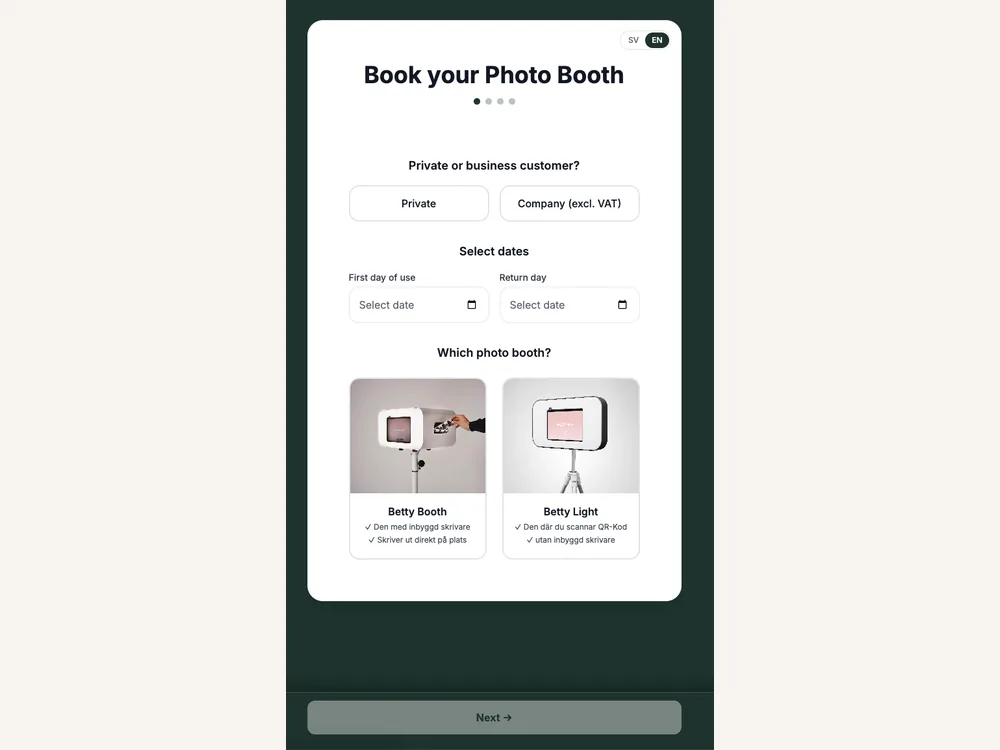 Client booking form on a phone: private or business, dates, and which photo booth