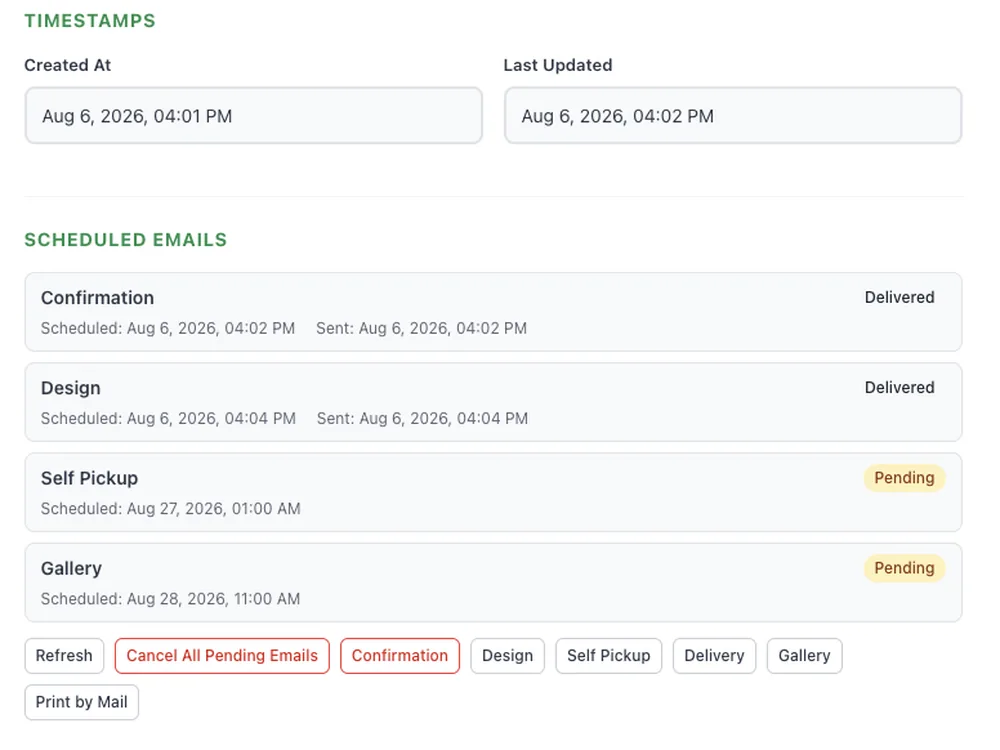 Confirmed booking with its confirmation, design, pickup and gallery emails scheduled